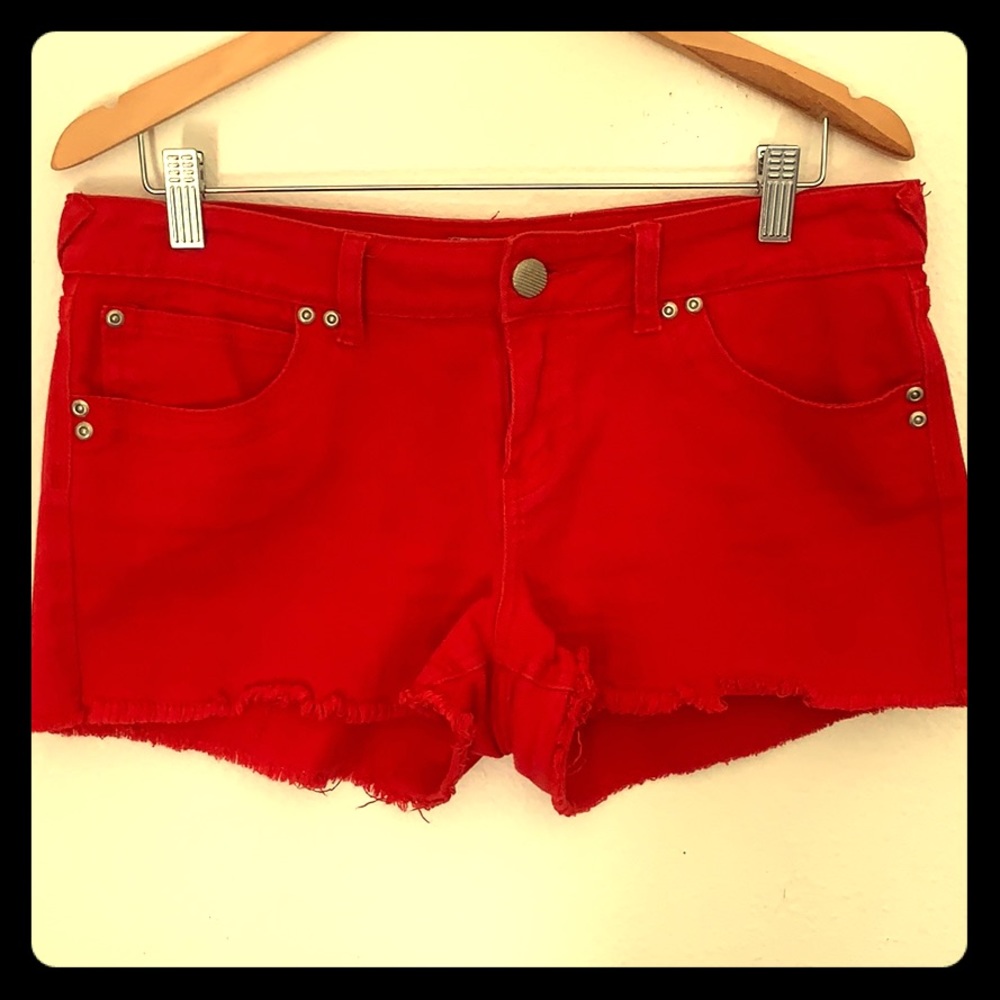 Juniors Red Denim Fray Shorts